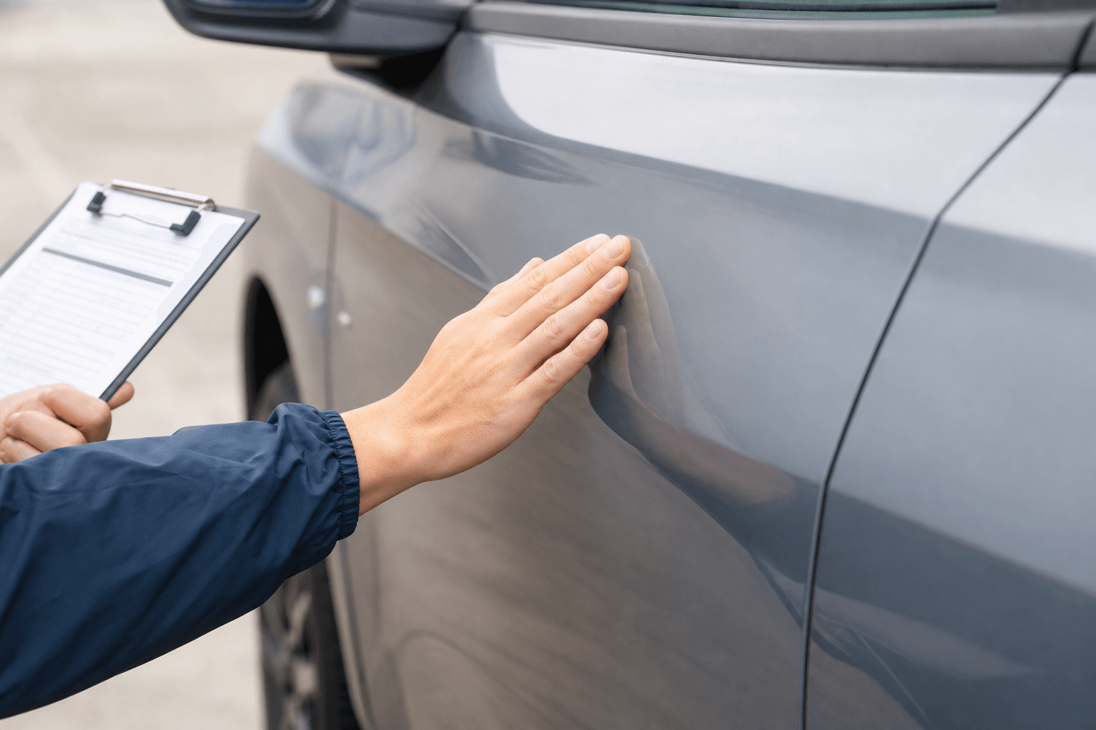 丁寧に車両を点検する20代の手元